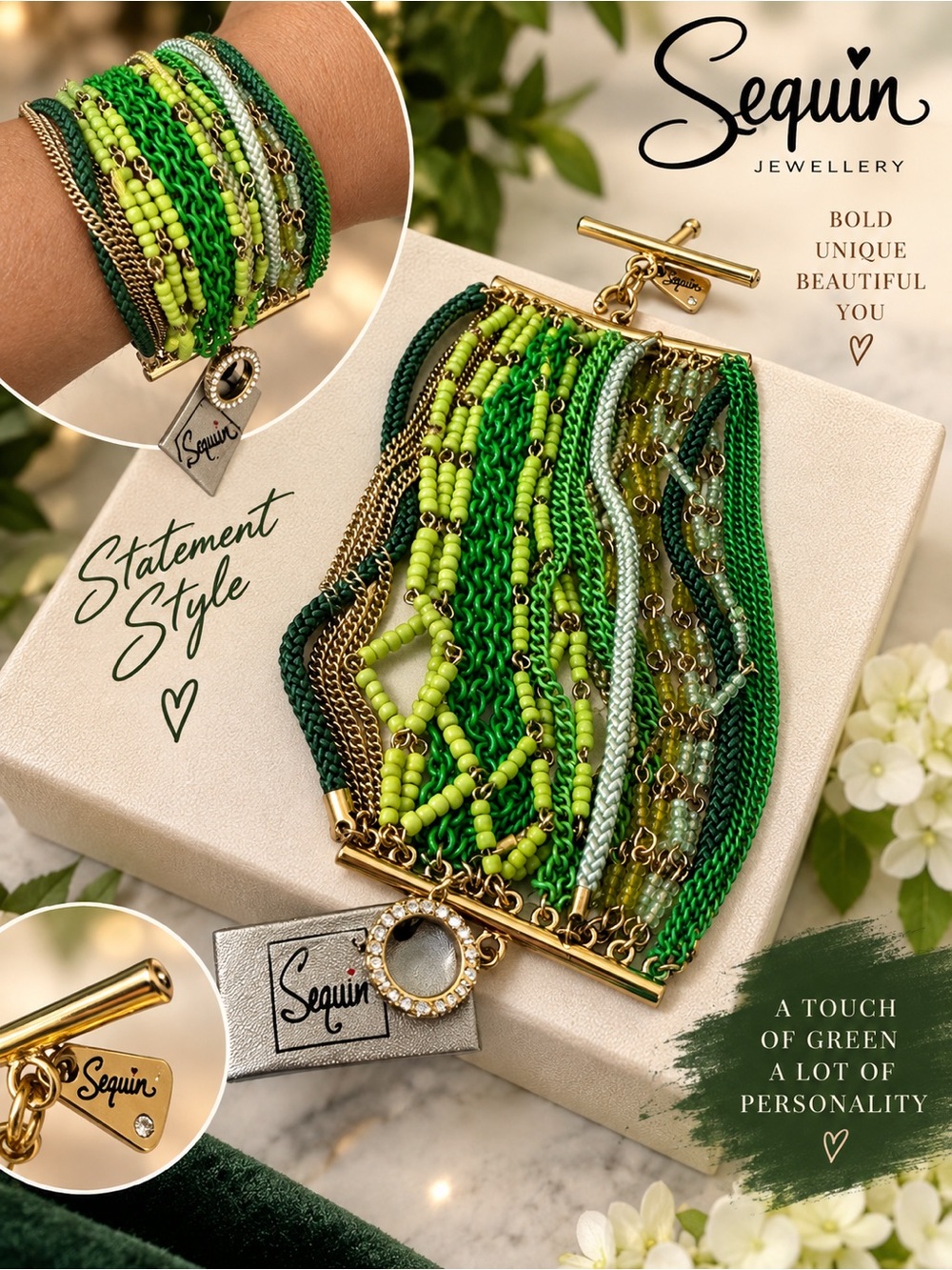 Green Multi-Strand Statement Bracelet with Gold Accents